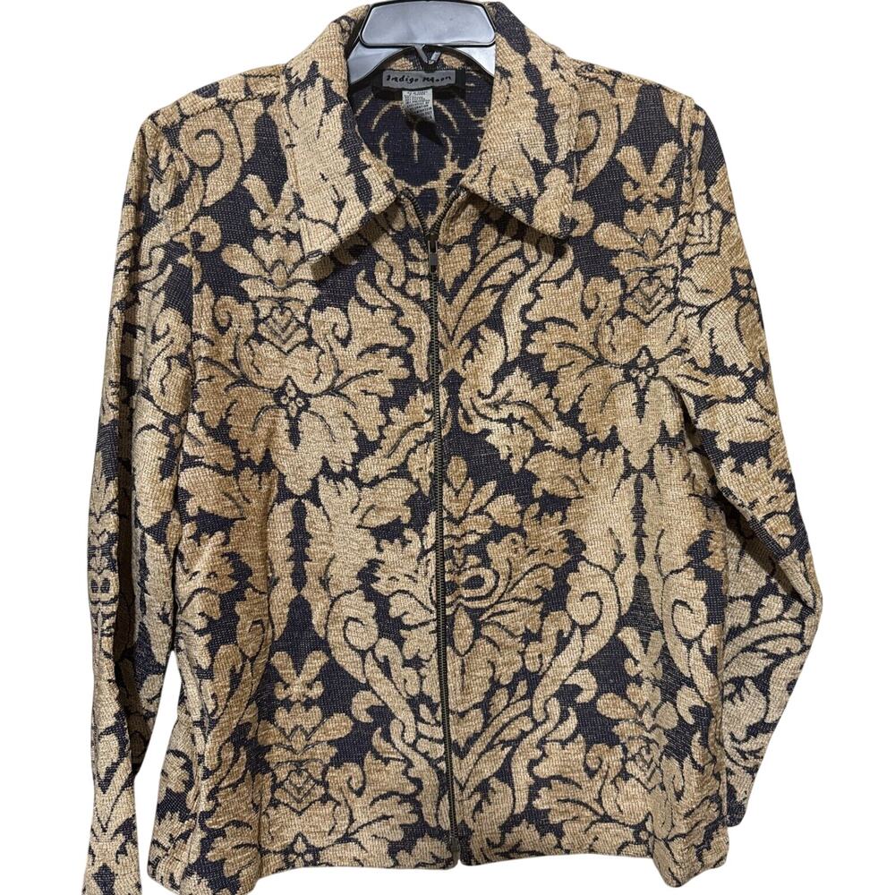 Indigo Moon Blazer Jacket Womens Medium Tapestry full zip Tan Navy Artsy